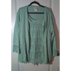 Bedford Fair Green Button Up Sweater With Attached Lace Tank 2X